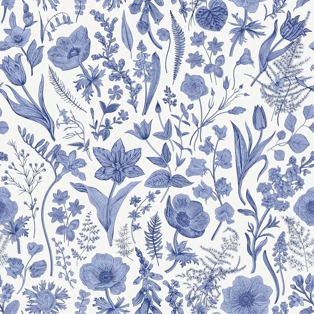 

Blue Floral Wallpaper, 17.71""X118.1"" Thicken Blue Floral/Leaves Decorative Contact Paper Waterproof Vinyl Self-Adhesive
