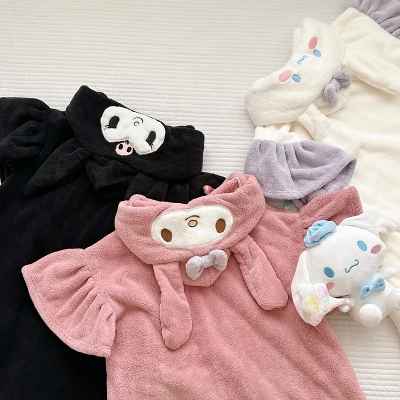 

Anime Kids Bathrobe Cinnamoroll Soft Quick Drying Bath Towel Cute Sanrio Melody Kuromi Girl Dry Hair Cap Pajamas Dress Homewear