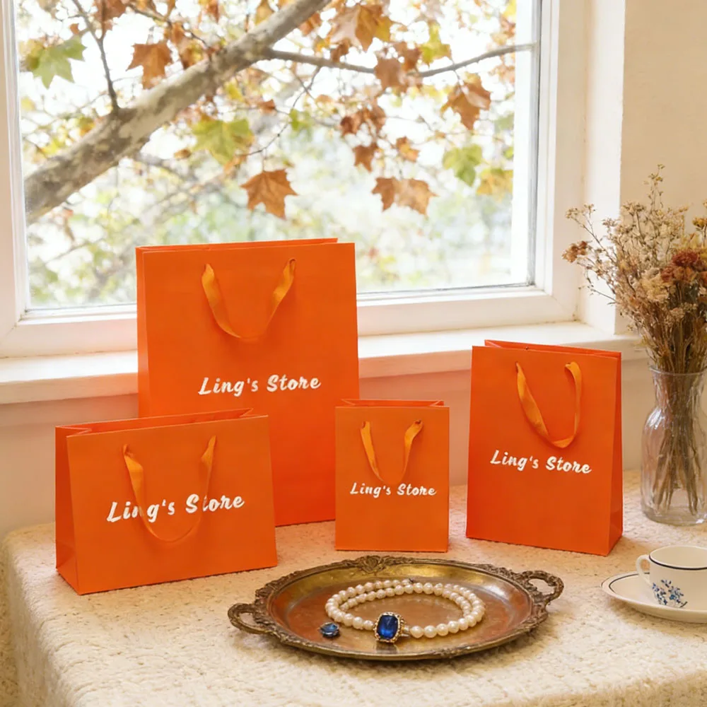 

24Pcs Personalized Orange Jewelry Paper Bag Shopping Tote Handle Ribbon Pouches Boutique Cosmetic Small Business Travel Storage
