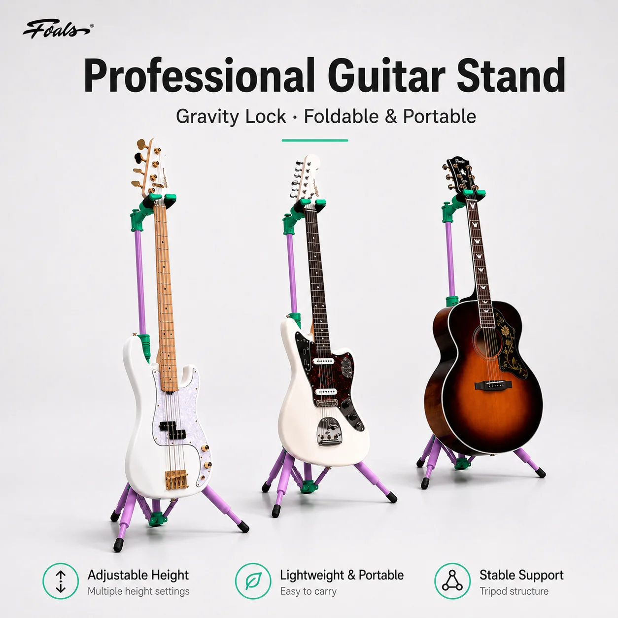 Foals Gravity Lock Foldable Guitar Stand for Electric Acoustic Guitar Bass, Adjustable Tripod Instrument Stand