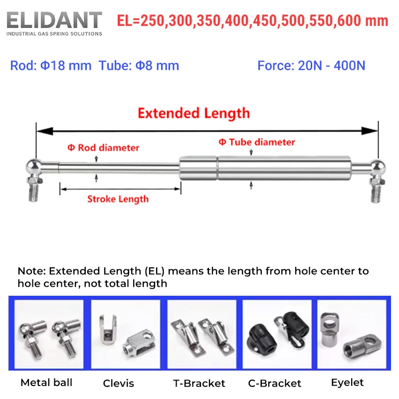 1PC 200-400N 250-600mm Stainless Steel Gas Spring Metal Ball Support Rods Yacht Pneumatic Rods Medical Equipment Food Machinery