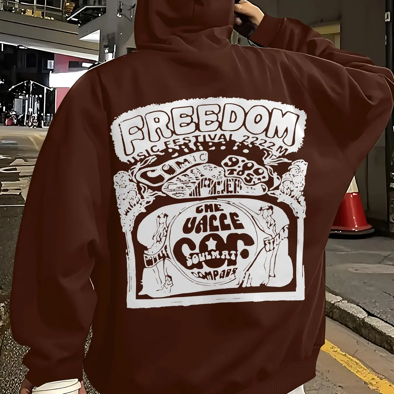 Hooded sweatshirt for men, versatile and trendy, featuring a fashionable and trendy music festival print. For men's casual wear.