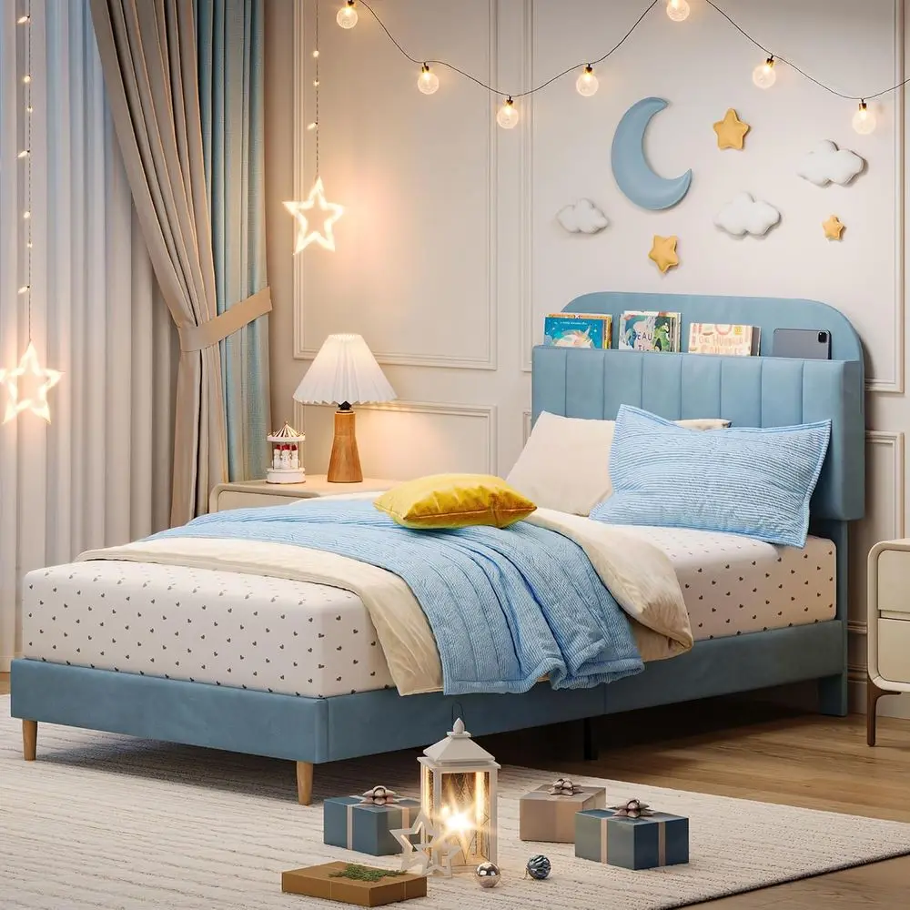 

Двуспальная кровать с книжным шкафом, мягкой обивкой и деревянными ламелями, для детей и подростков