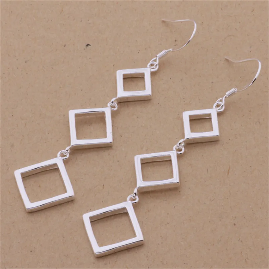 Fashion 925 Sterling Silver Square Rhombus Long Earrings For Women Luxury Designer Jewelry Party Wedding Accessories Gifts