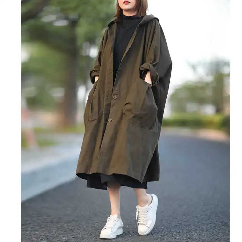 Women Mid-Length Hooded Trench Coat Casual Simple All-Match Big Pocket Elegant Daily Fashion Urban Green Windbreaker A493