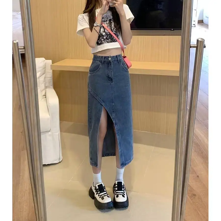 

High Waist A-Line Midi Skirt with Slit for Women Summer New Sle plus Size Slimming ort Women's Casual Du down Filled Skirt