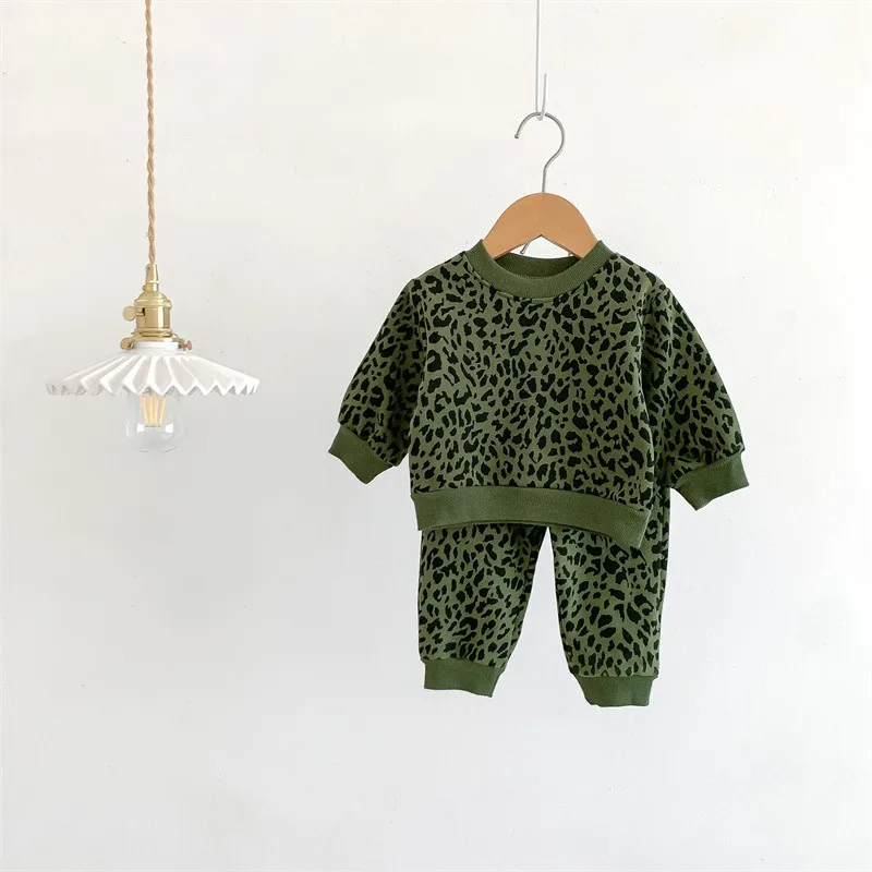 2024 Autumn New Baby Leopard Print Clothing Set Girls Long Sleeve Tops + Cotton Pants 2 Pieces Suit Children Boy O-neck Clothes