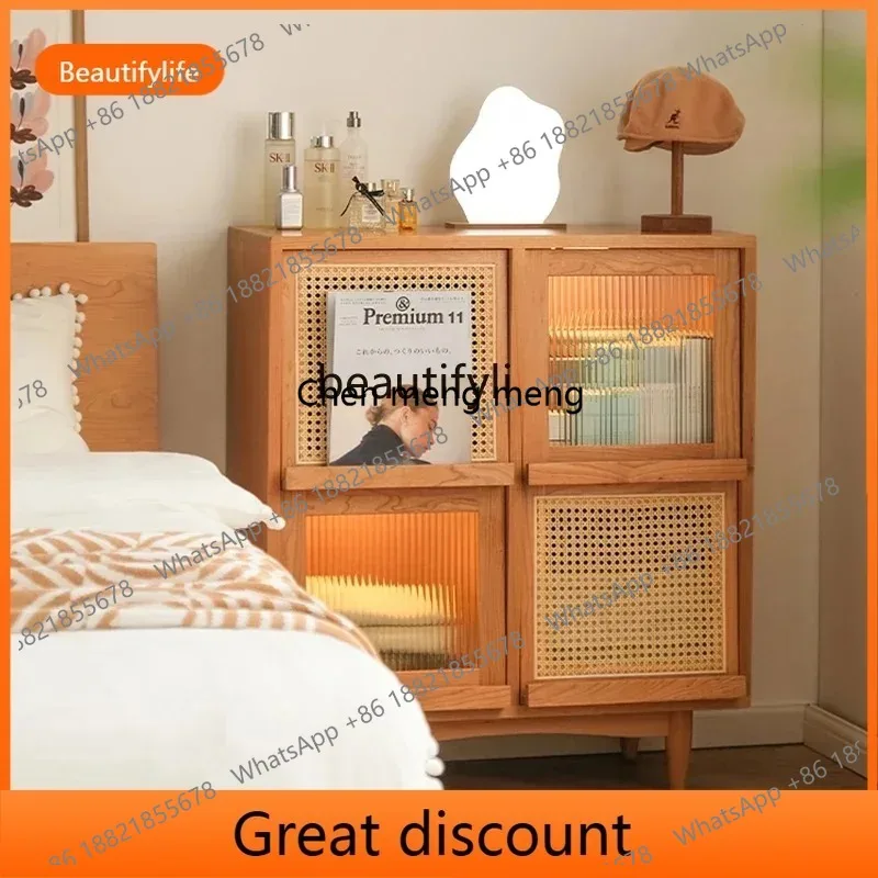 zq Nordic and Japanese Style  Solid Wood Rattan Magazine Storage Cabinet  Dining Room Bedroom Storage Side Cabinet 26