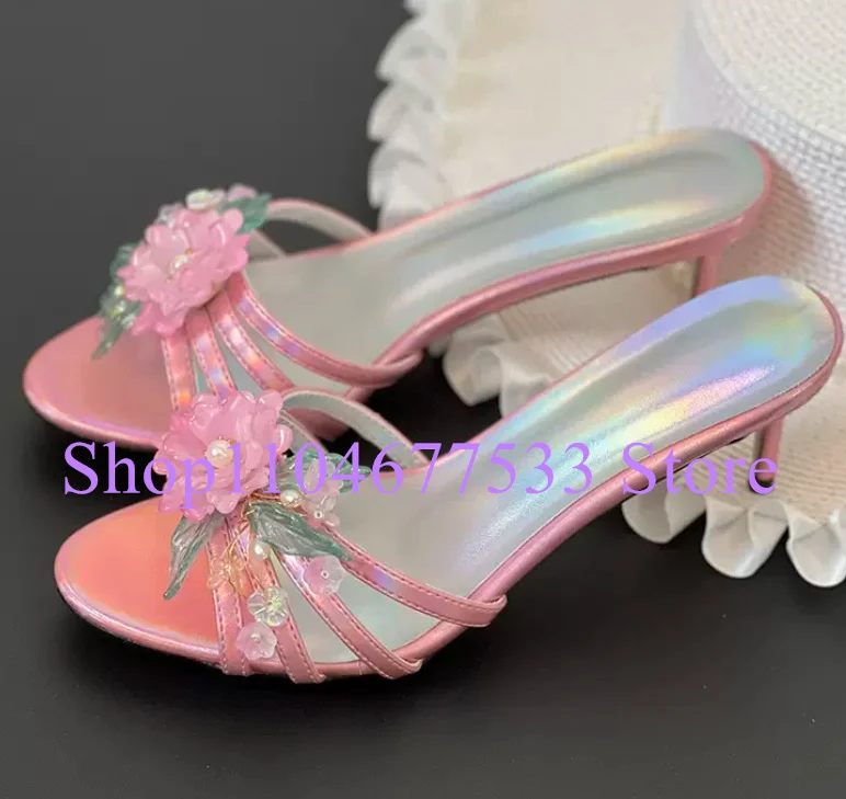 

Pink Color Flower Decor Lady Slippers Sandals Fashion Thin Heel Woman High Heels Casual Sandals Sweet Beach Slippers Shoes