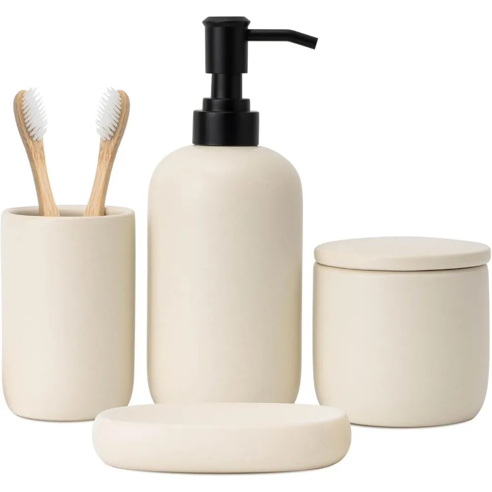 

Набор керамических аксессуаров для ванной комнаты, 4 шт. - современная скандинавская нейтральная мыльница и дозатор, держатель для зубных щеток, чашка - минималистский стиль
