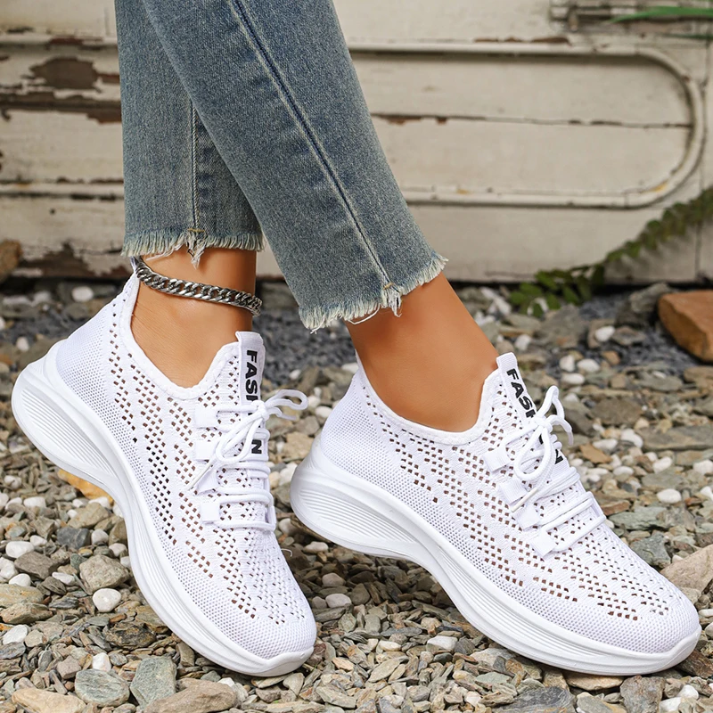 

Весенне-летняя спортивная обувь с дышащей сеткой, женские вязаные туфли без шнуровки на плоской подошве, женские кроссовки больших размеров 43, толстая подошва