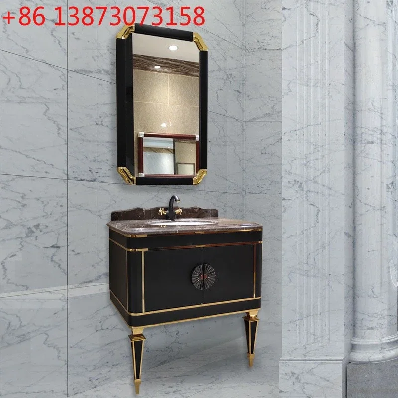 

Light luxury bathroom cabinet combination washbasin makeup solid wood small apartment stainless steel floor marble countertop