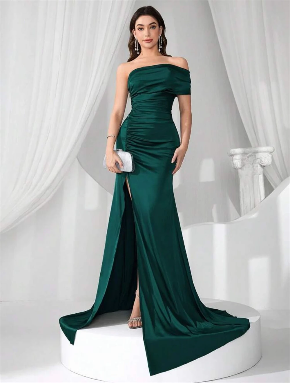 

Простые зеленые атласные вечерние платья русалки по индивидуальному заказу. Изысканное платье для выпускного вечера с открытыми плечами. Роскошные платья знаменитостей.