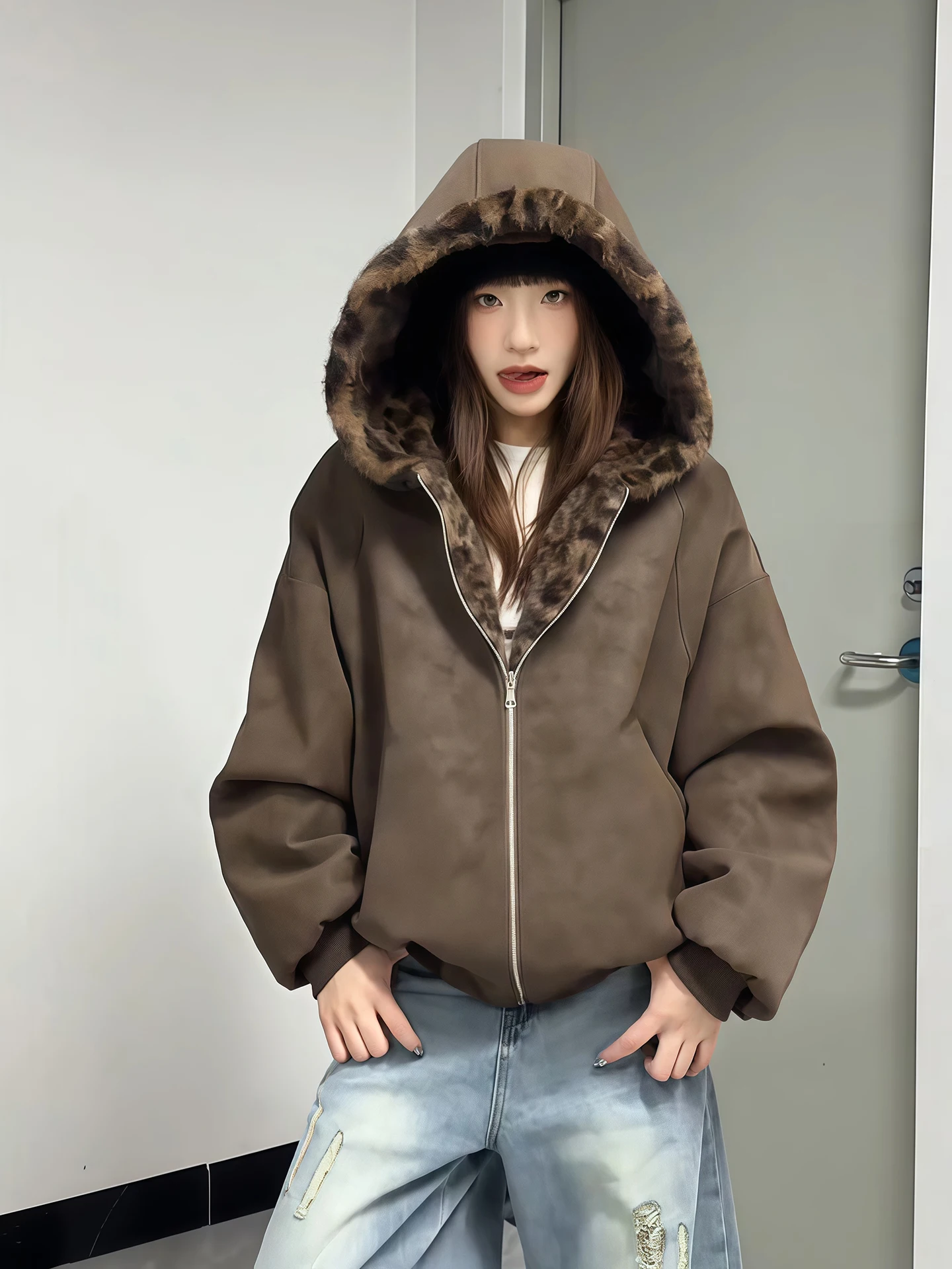 

Утепленная двусторонняя куртка из хлопка с подкладкой из овечьего флиса, с капюшоном, на молнии, теплая, молодежная, зимняя