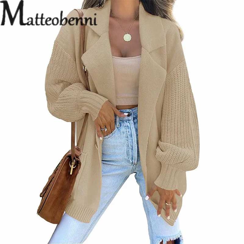 Fashion Blazer Neck One Button Splice Solid Color Sweater Autumn Women Two Pocket Jumpers Long Sleeve Knitted Outerwear Knitwear