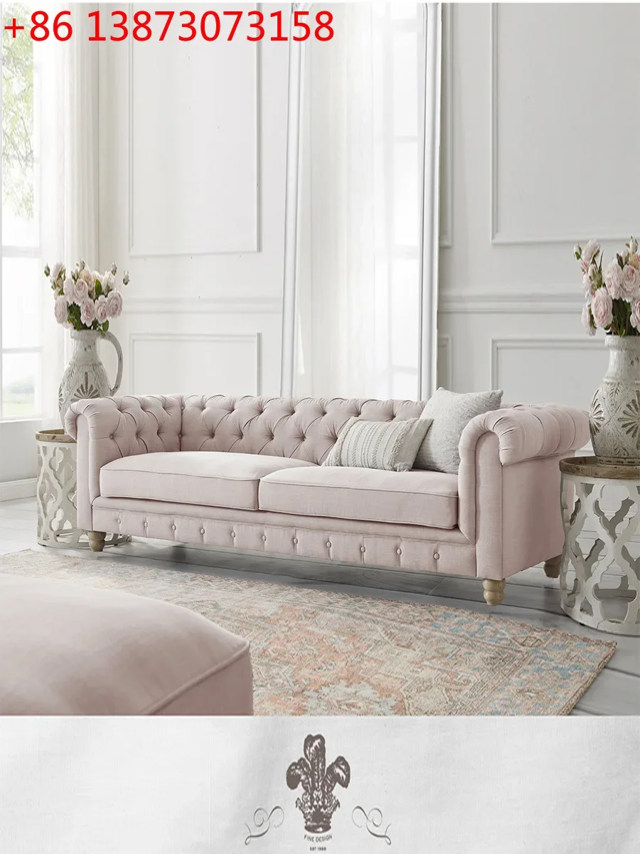 

French pastoral size apartment living room fabric three-person sofa American rural retro cotton and linen combination