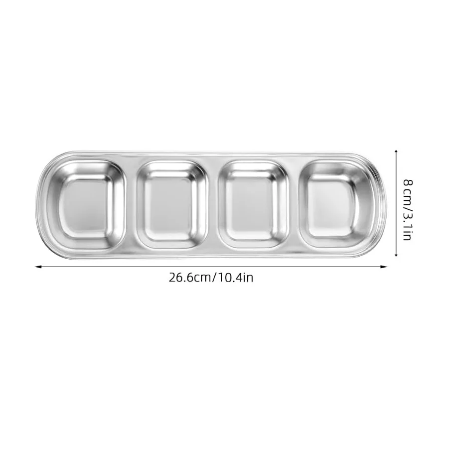 Juego de 3 bandejas de acero inoxidable con 4 compartimentos para salsas, condimentos, vinagre de soja, para el hogar, restaurante, comedor