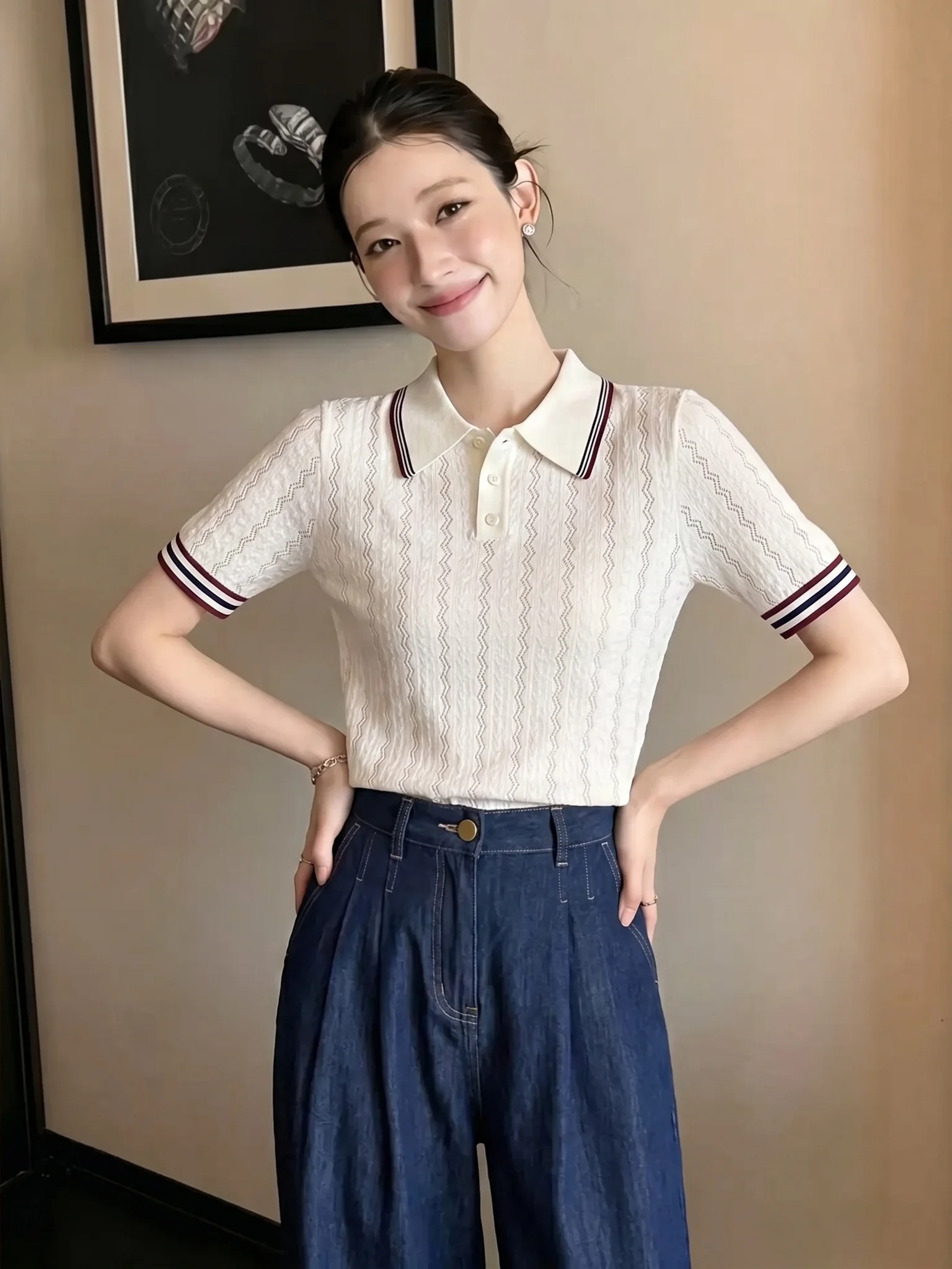 

Commute Neck Knitwear Short Sleeve Slimming Versatile Elegant Top Summer Super Beautiful Small Shirt Women's Style