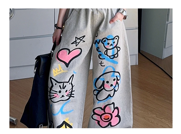 American Girl Baggy Washed Jeans Kinder Retro Harajuku Cartoon Print Denimhose Kinder Hip Hop Streetwear Hose mit Zeichnungen – Detail 11