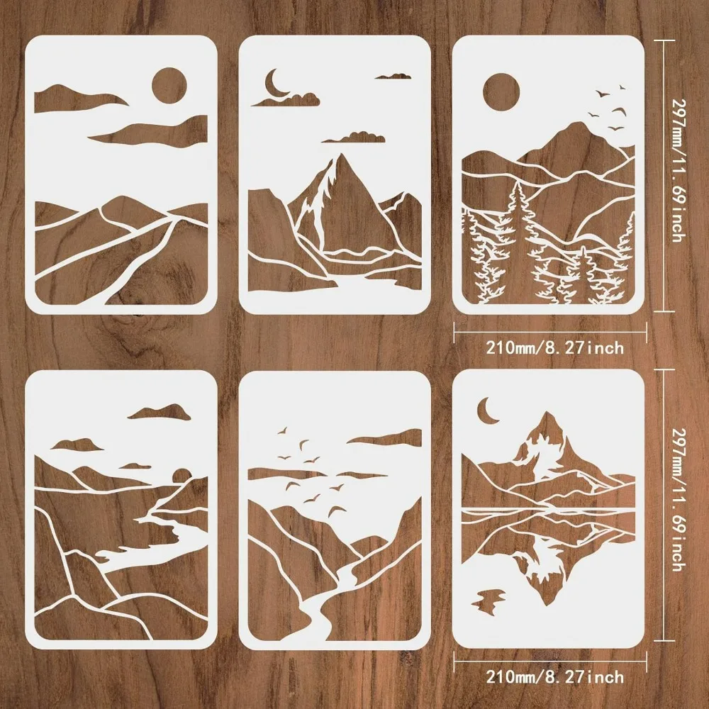 6 Pcs Mountains Landscape Stencil 11.7x8.3 inch Mountains Stencils Template Plastic Moon Sun River Tree Stencils Reusable DIY