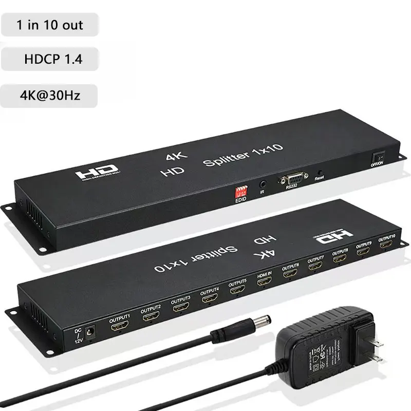 

4K 1x10 HD Splitter Video Distributor Converter 1 in 10 Out Multi-screen Display Copy Share for PS4 Camera PC TO TV Monitor