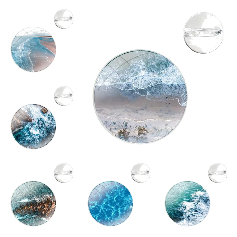 Glass Dome Brooches Shirt Lapel Bag Cute Badge Pins For Clothes Hat Accessories waves ocean water light refractions