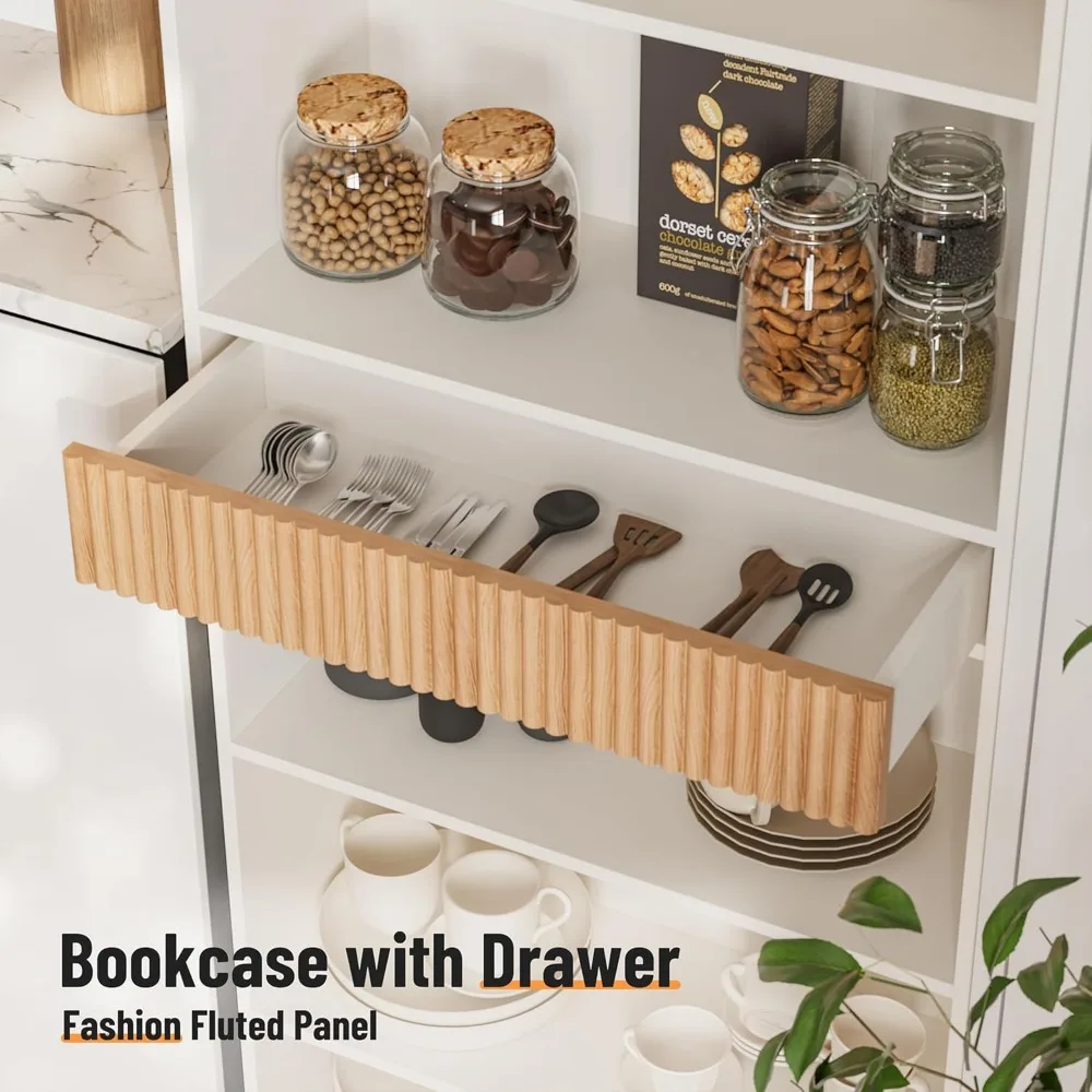 72" Tall Bookshelf with Storage, 7-Tier Bookcase Fluted with Drawer, Display Book Shelf Book Organizer with Anti-tip Device