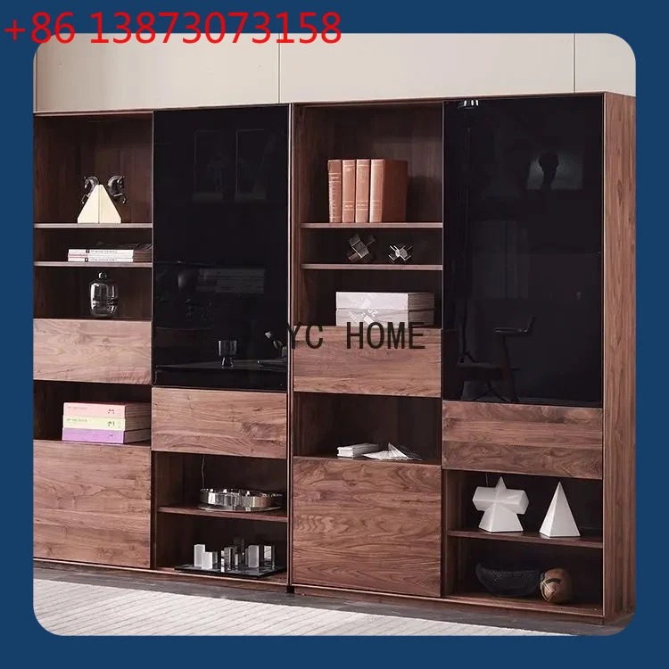 

Black Walnut Solid Wood Combined Bookcase Entire Wall Light Luxury with Glass Door Modern Study Cabinet Storage Floor