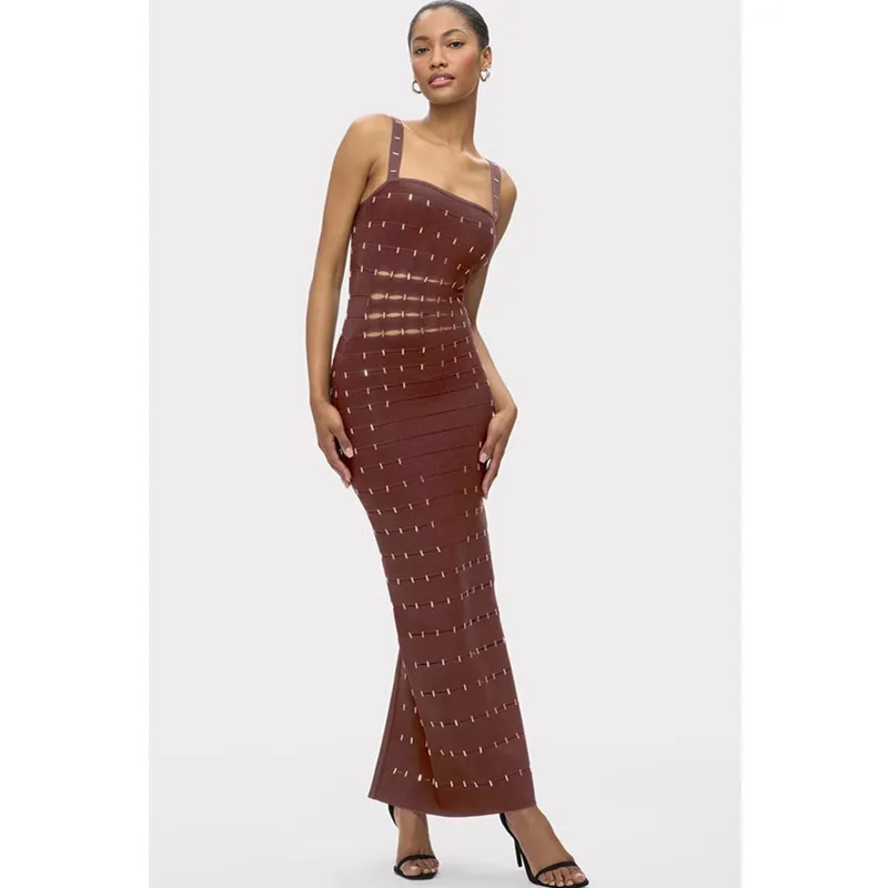 

Elegant Black Hand-Sewn Rhinestone Decorated Hollow out Strap Long Dress Elastic Party Gown Princess Style Knitted Fabric