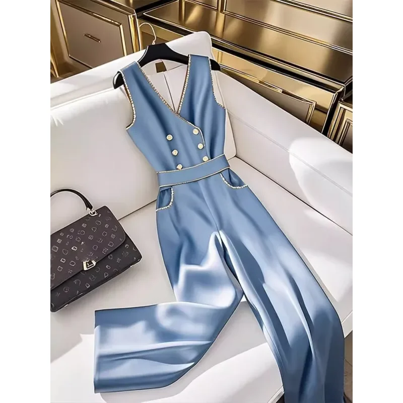 

Frence Style Double-breasted V-neck Blue Satin Jumpsuit Sweet Office Lady Vintage Summer Jumpsuits Wide Leg Pants Elegant Female