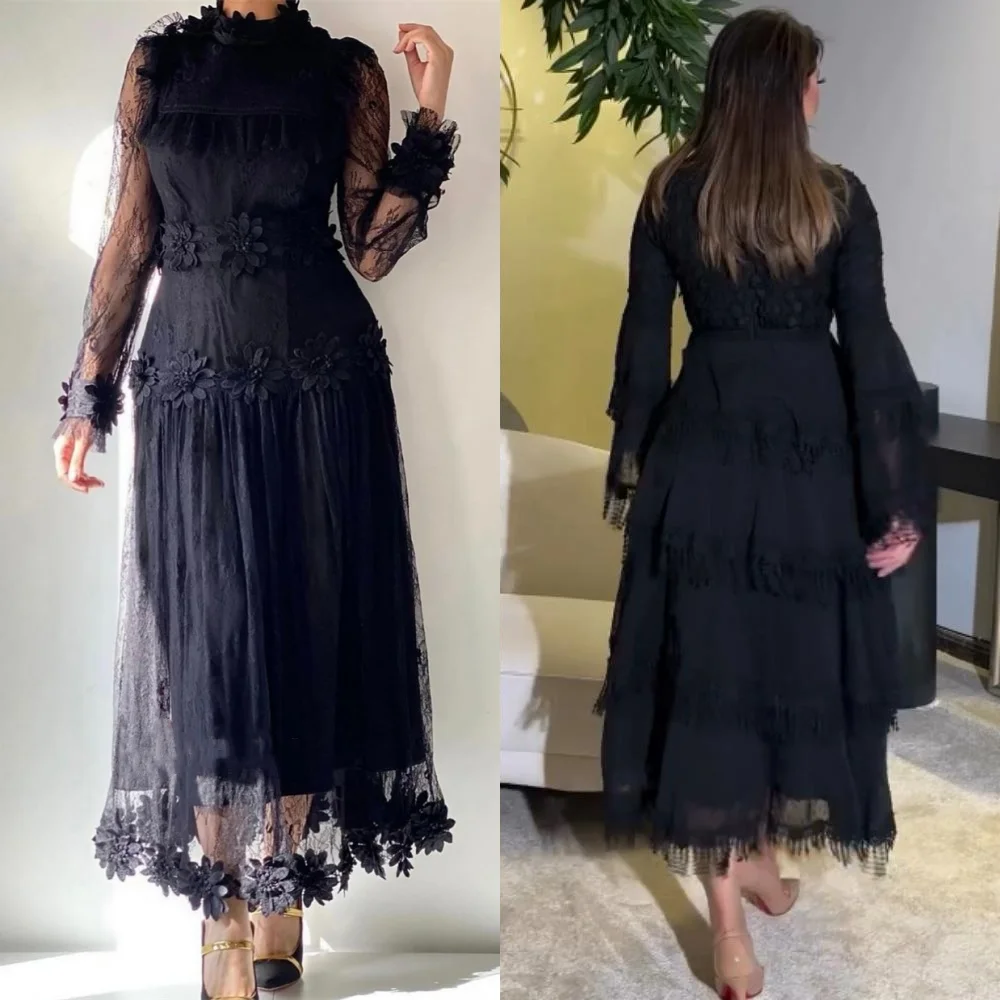 Robe de Soirée en Tulle Personnalisée, Tenue de Fiançailles A-ligne, Col Haut, sur Mesure, Mi-Longue, Arabie Saoudite