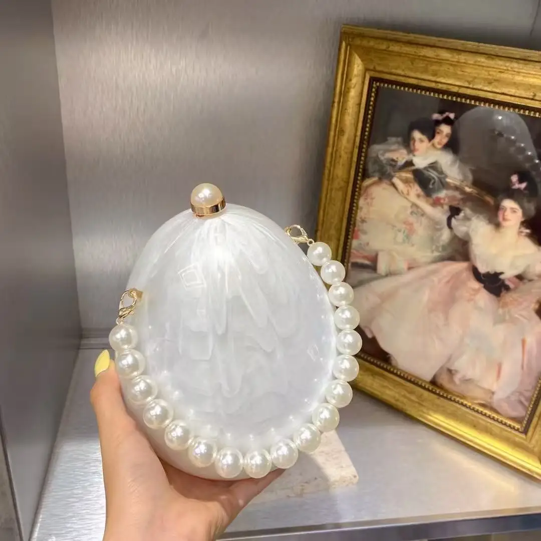 Fashion Acrylic Goose Egg Bag Shimmer Women Handbag Pearl Beading Handheld Clutch Purse Wedding Party Shoulder Crossbody Bag 4