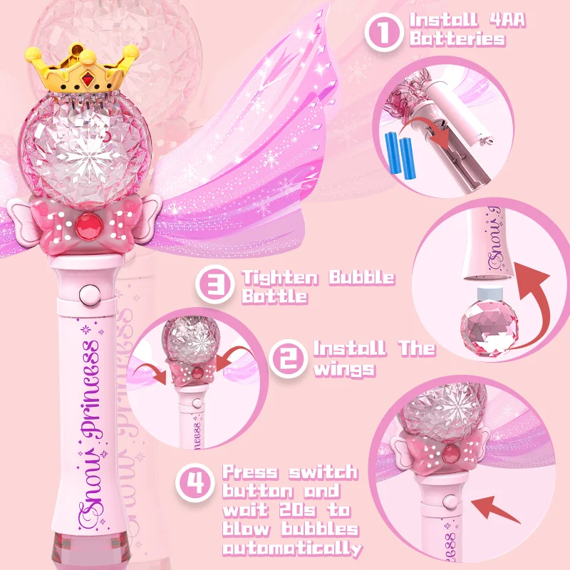 Princess Angel Wing Bubble Wand Electric Automatic Bubble Blower Toy with LED Light Music, Kids Outdoor Play Birthday Gift for G