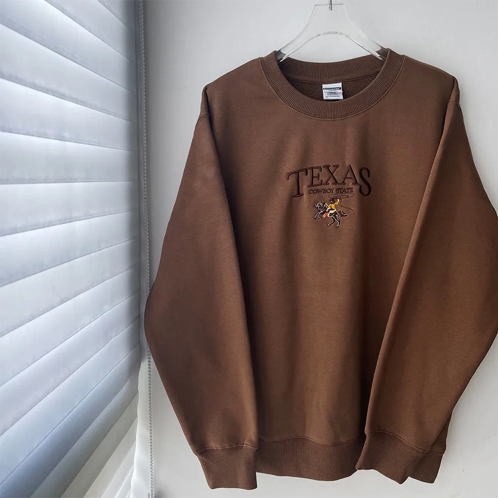 Texas Cowboy State Embroidered Vintage Pullovers 2023 Autumn Long Sleeve Thick Warm Fleece Women Sweatshirts Crewneck Jumpers