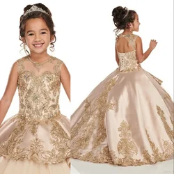 Gorgeous Flower Girl Dress Gold Quinceanera Dresses Cute Ball Gown Tulle Appliques Beaded For Weddings Pageant Evening Dresses