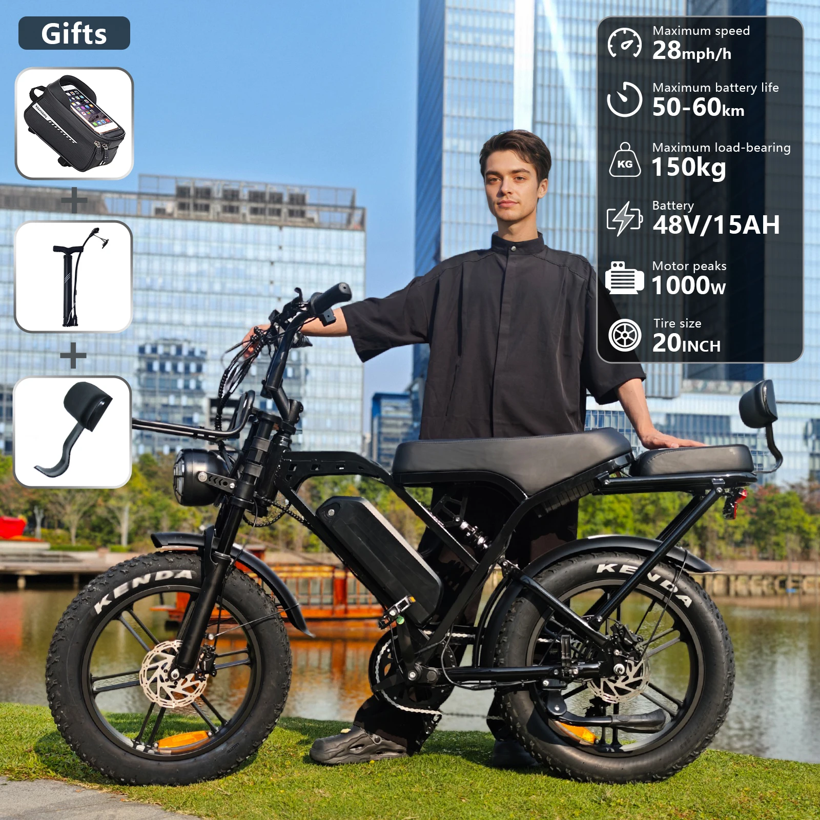 

X80 Pro Adult Ebike, 1000W Motor, 20-inch Fat Tire Electric Bicycle, Hydraulic Brakes, 7-Speed ​​Transmission, 48V 15Ah Long Range, All-Terrain Off-Road Electric Bicycle, Front and Rear Suspension, Anti-Theft Alarm