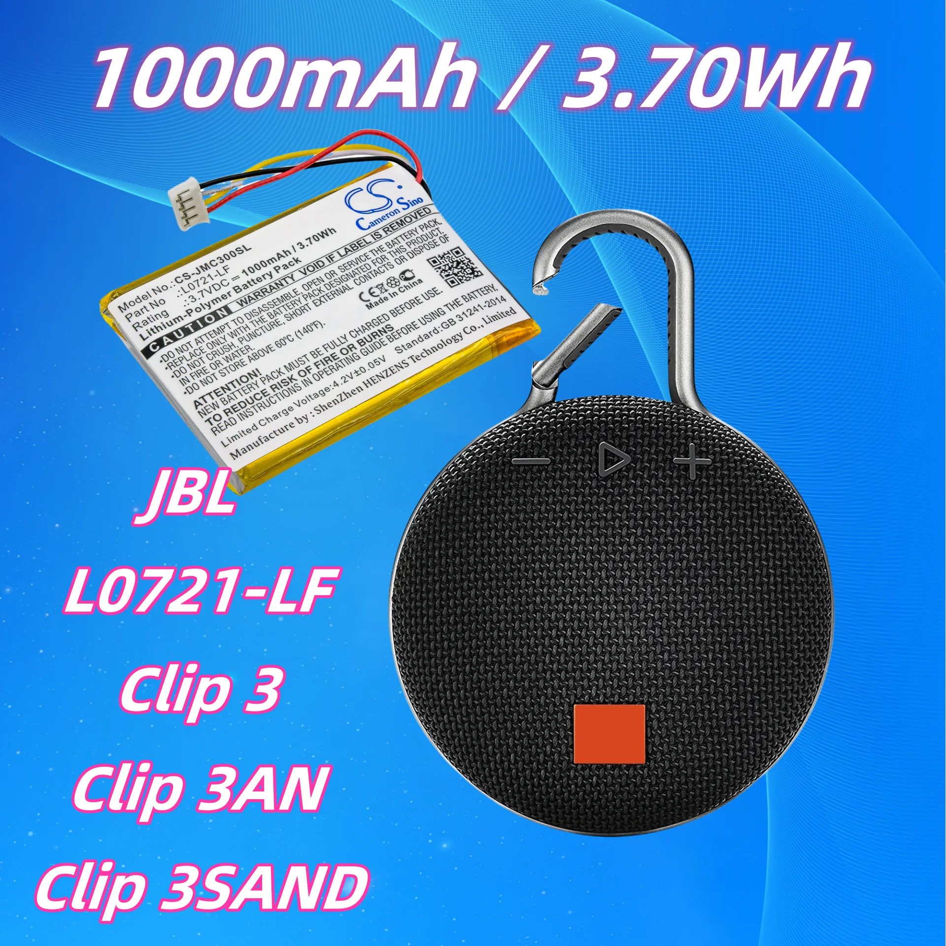 Batería de altavoz para JBL:Clip 3,Clip 3AN,Clip 3SAND,L0721-LF,1000mAh / 3.70Wh--Li-Polymer--3.70V
