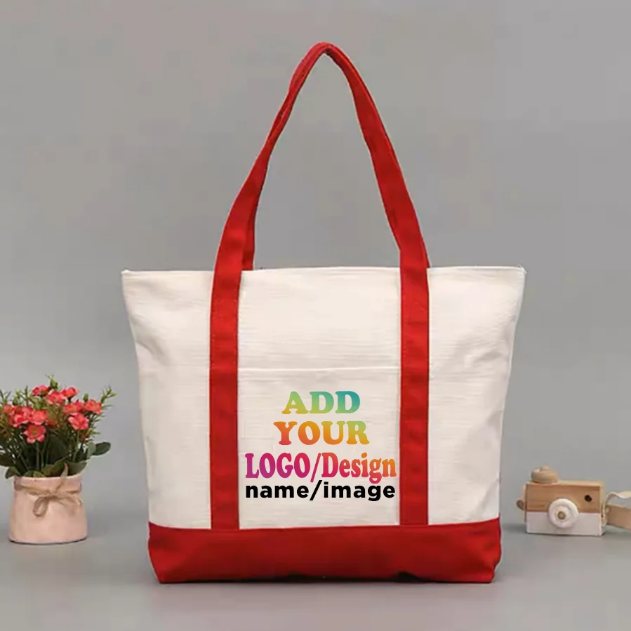 Customized Women Tote Bag Personalized Name Print Logo Zippered Canvas Shopping Tote Bag