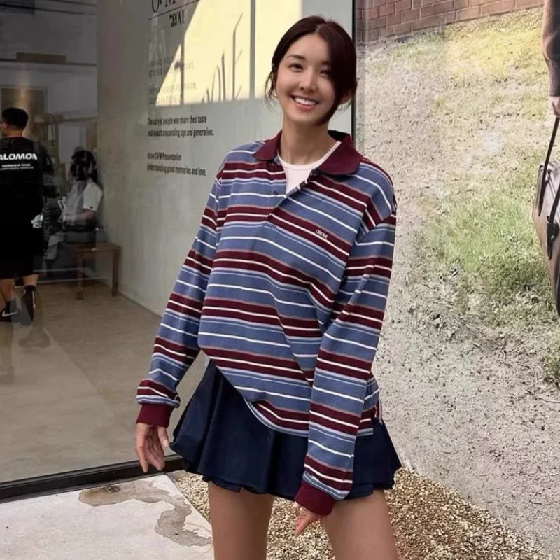 

Retro American Color Blo Ne Embroidered Lettering Long Sve T-irt Casual Loose Fit Spring Moisture ng Cotton