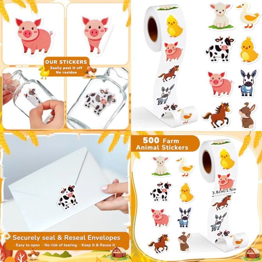 

1 Roll Farm Animal Stickers Decal Reward Cute Office Supplies Incentives Animals Sticker Halloween Party Favor 500 Pcs Each Rol