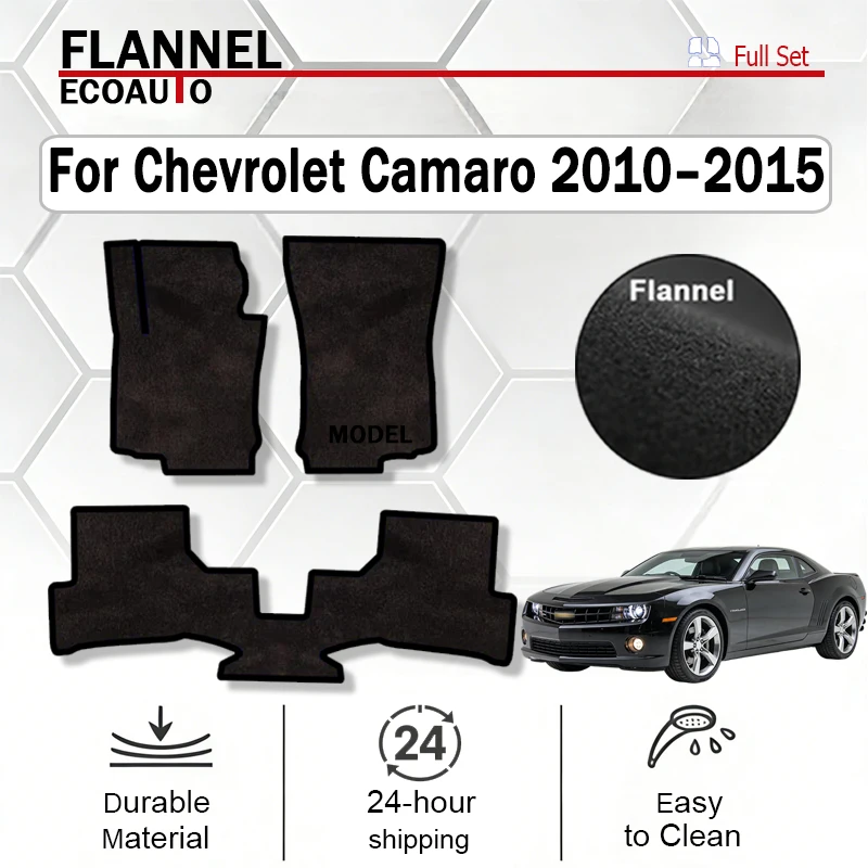 

Автомобильные коврики ECOAUTO из фланели для Chevrolet Camaro 2010–2015 MK5, полиэстер, замшевая поверхность, антискользящая черная основа, красная окантовка.
