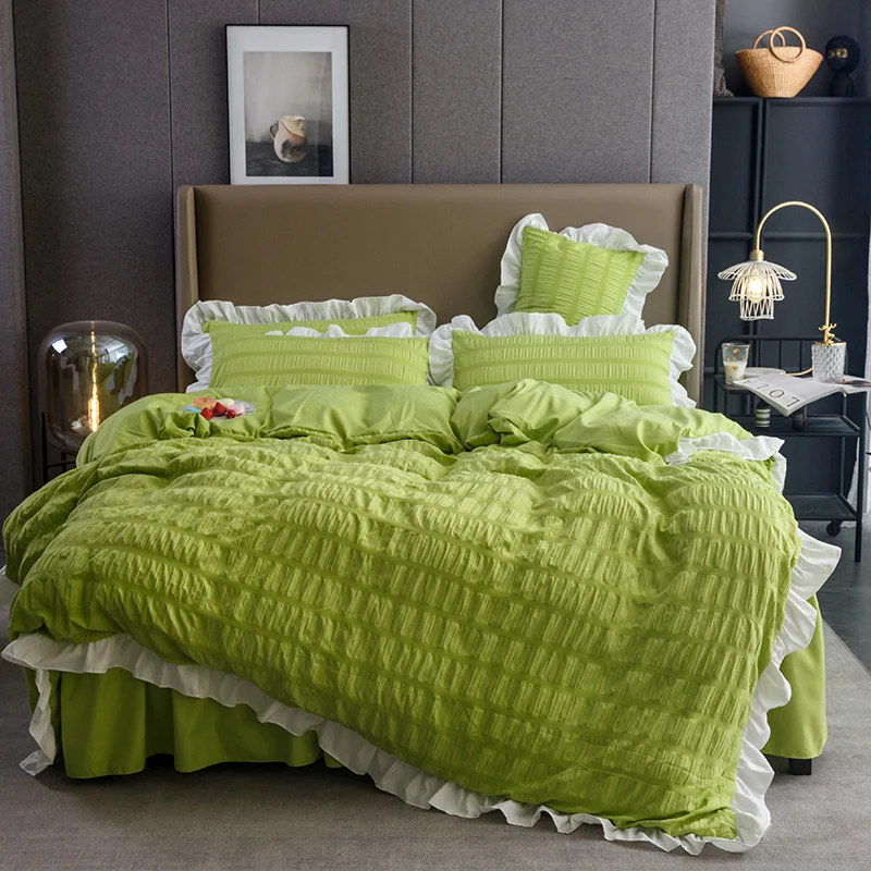 Solid Color Seersucker Bedding Set, Duvet Cover, Flat Sheet, Washed Cotton, Home Linens, Ruffles Bedclothes, High Quality, #/4Pc