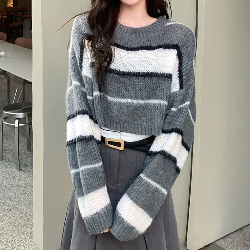 

Полосатый укороченный свитер, пуловеры, женский вязаный джемпер с длинными рукавами и круглым вырезом для девочек-подростков, осенне-зимний наряд в стиле гранж Y2K Acubi