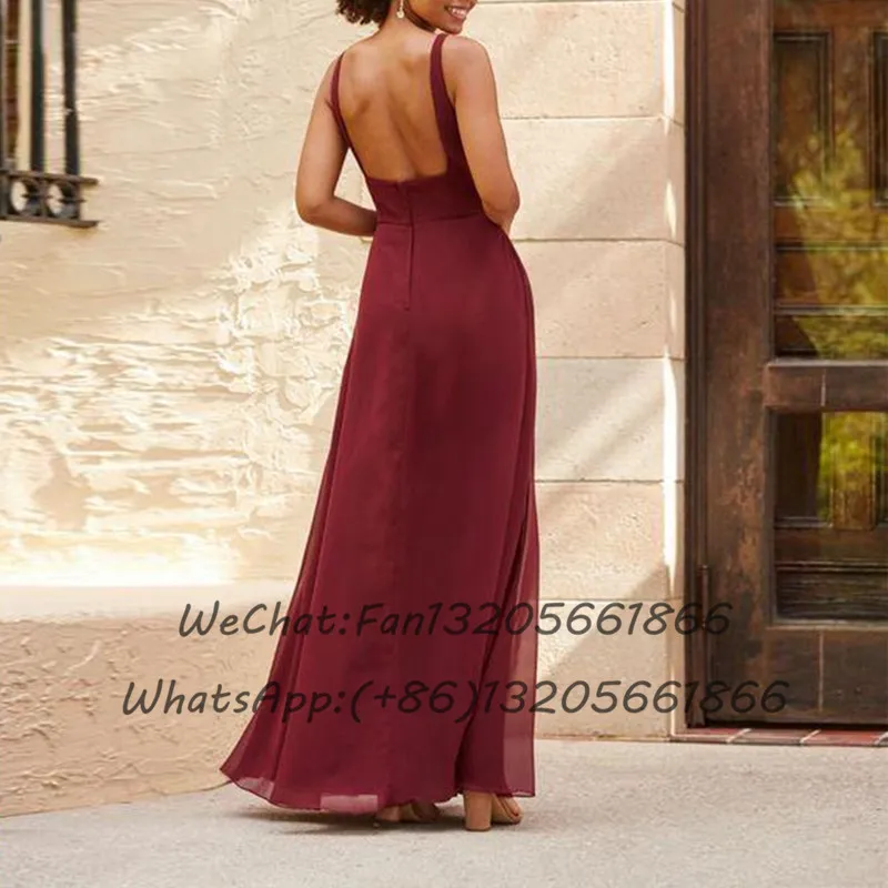 Burgundy Chiffon A-line Long Bridesmaid Dresses Square Collar Backless Pockets Wedding Guests Party Dress For Women Prom Gown