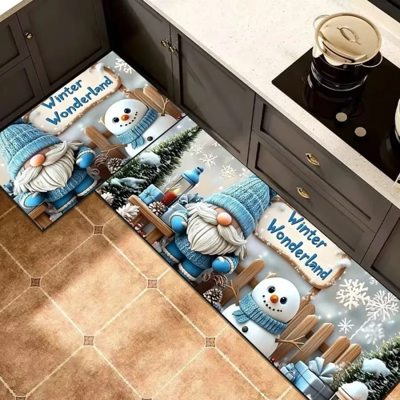 VIKAMA 1/2pcs Blue Winter Gnome Snowman Wonderland Kitchen Rug Durable Machine Washable Kitchen Sink High Traffic Home Decor