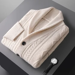 Autumn Winter New Five Needle Thick 100% Merino Wool Sweater Men's Lapel Knitted Cardigan Business Casual Warm Shirt Menswear