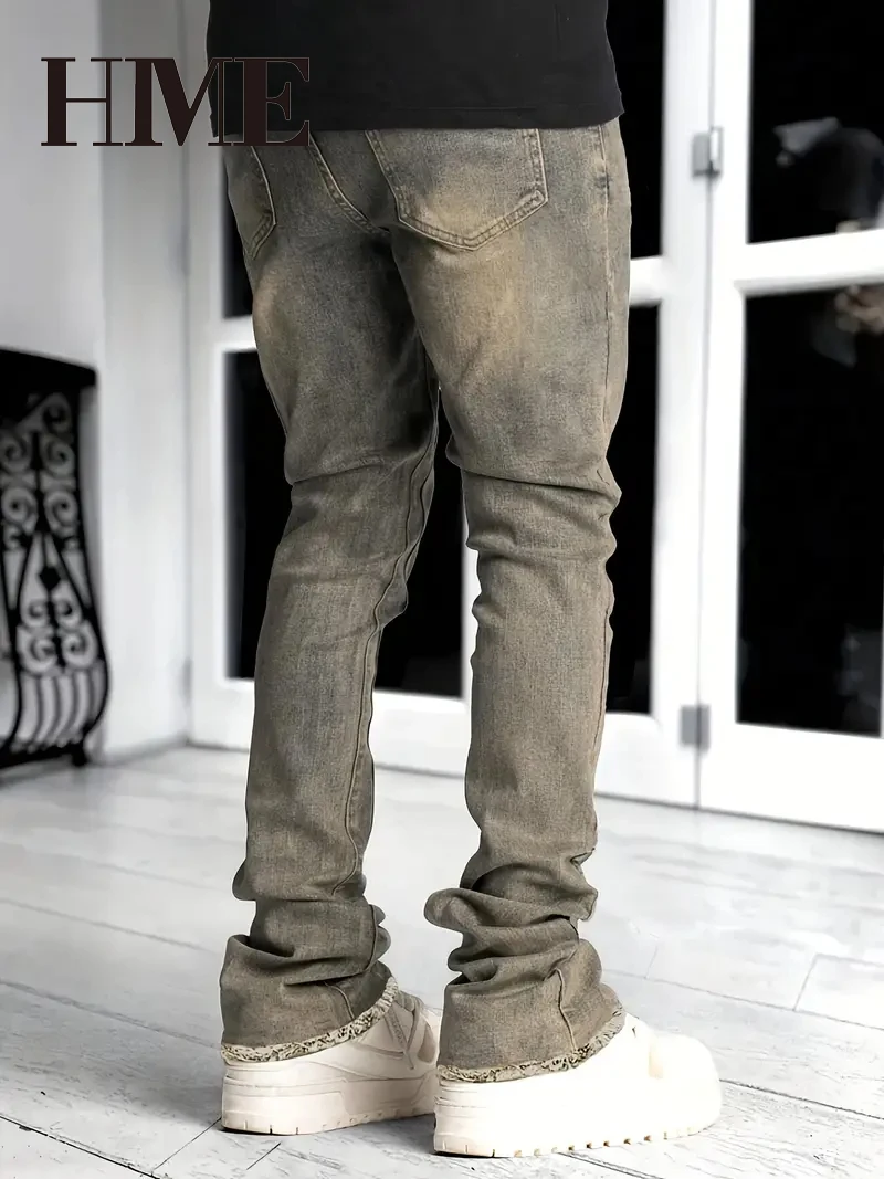 【HME】Men's Jeans | Retro High Street Denim Pants Pair Well with Tees, Hoodies and Jackets, Unique Earth-Toned Wash Suits Daily Commuting, Street Styling and Casual Gatherings, Versatile Design Fits All Seasons and Various Matching Styles Easily