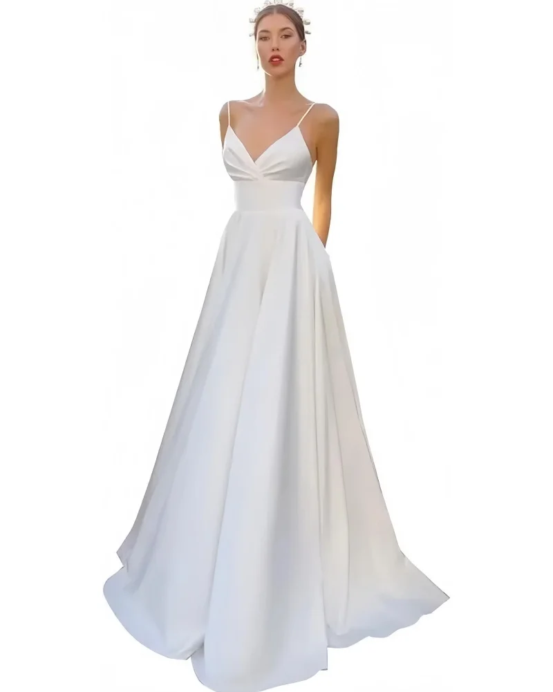 Stunning Satin A-line Wedding Dresses with Spaghetti Strap Gorgeous V-neck Bridal Gown with Sweep Train for Dreaming Wedding