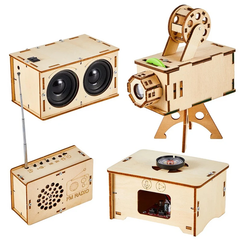 Kit d'artisanat de bricolage de puzzle en bois, haut-parleur, radio, gramophone, budgétaire, pratique de soudure, kits électroniques de bricolage, 4 ensembles