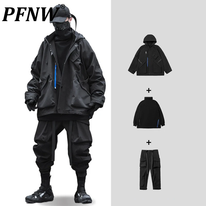 PFNW New Autumn Men's Three-piece Hooded Contrast Color Top Straight Wide Leg Pants Functional Style Menwear Sets Trendy 12A4249